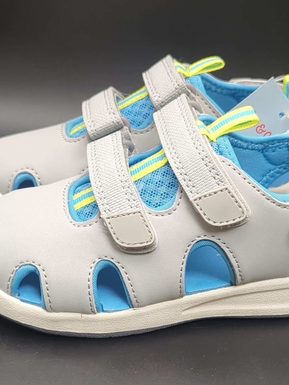 Cat & Jack Gray and Blue Hook-and-Loop Kids Sandals with Yellow Accents Size 11